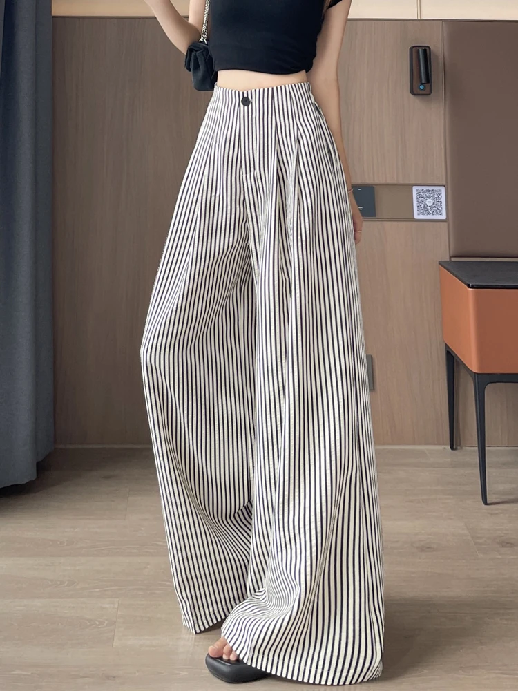 High Waist Striped Wide Leg Pants Women Summer Thin Cotton Linen Casual Straight Cut Floor Length Suit Pants Korean Sle - Image 5