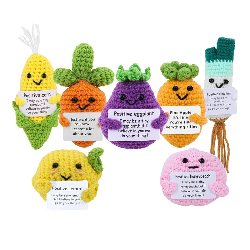 Mini Positive Vegetables Set Positive Crochet Dolls /w Affirmation Card Cartoon Hand Woven Fruit Desktop Ornament Christmas Gift