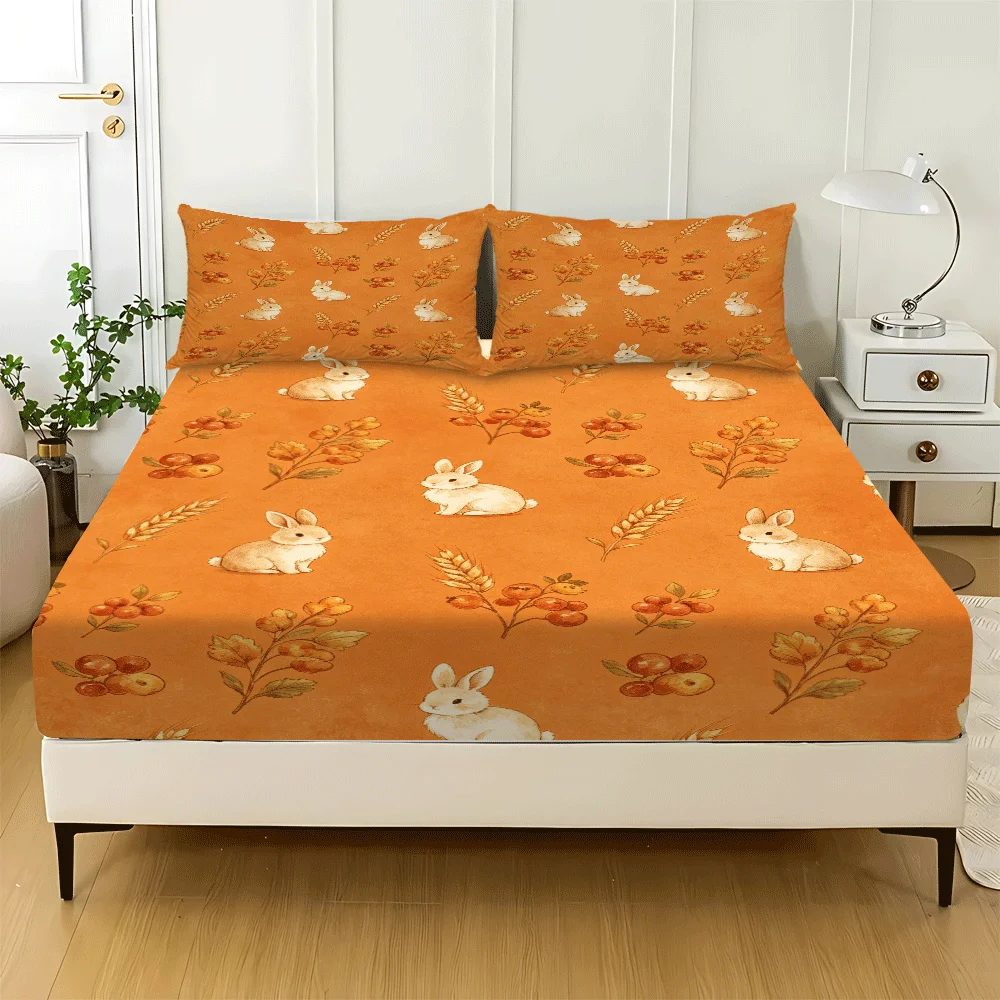Holiday Decoration Mattress Protector with Pillowcase, Cute Rabbit Design, 1 Fitted Sheet + 2 Pillowcases (Without Filling) 2D Flat Printing, Mattress Protector, Fitted Sheet Cover, Mattress Cover, Elastic Fitted Sheet Cover, King/Twin/Queen Size, Master Bedroom and Guest Room Decoration, Dustproof and Stain-Resistant, High Elasticity, Fits Various Sizes