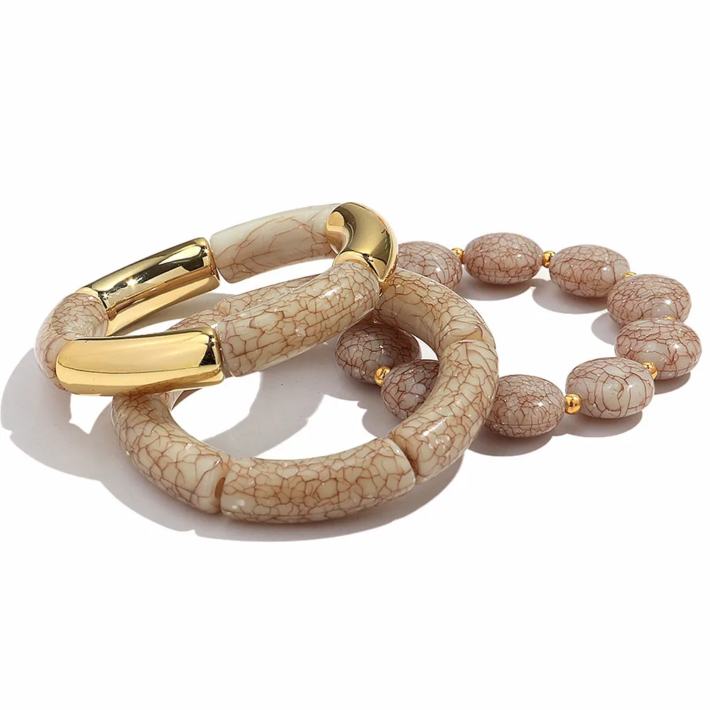 New Acrylic Crack Texture Beaded Elastic Bracelet Bangle for Women Man Statement Resin Bamboo Tube Geometric Wrist Jewelry Gift