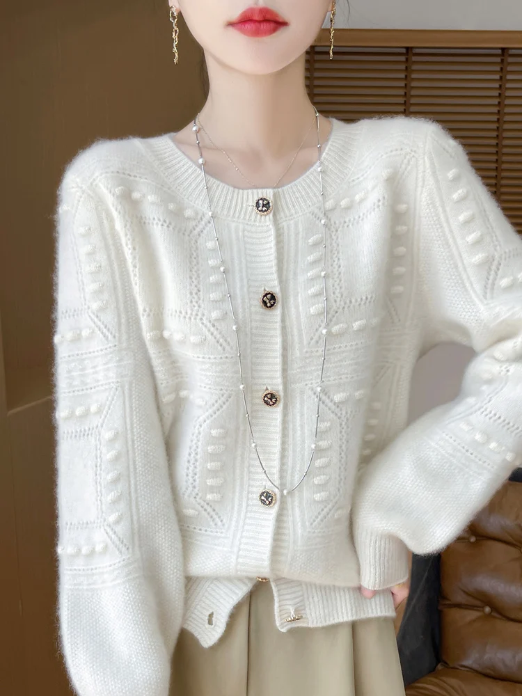 

Chic 100% Merino Wool Cardigan Autumn Winter Women's Jacquard Thick Soft Warm Sweater Grace Casual O-Neck Knitting Sexy Clothing