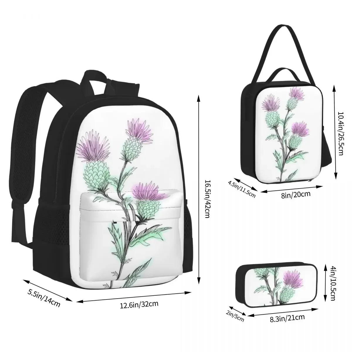 Watercolor Thistle Backpacks Boys Girls Bookbag Children School Bags Cartoon Kids Rucksack Lunch Bag Pen Bag Three-Piece Set