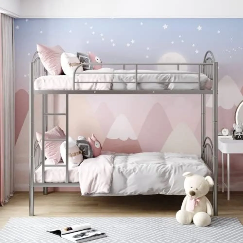 Metal Bunk Bed, Twin Over Twin Bunk Bed Frame with Built-in Ladder/Safety Guardrail, Divided into Two Beds