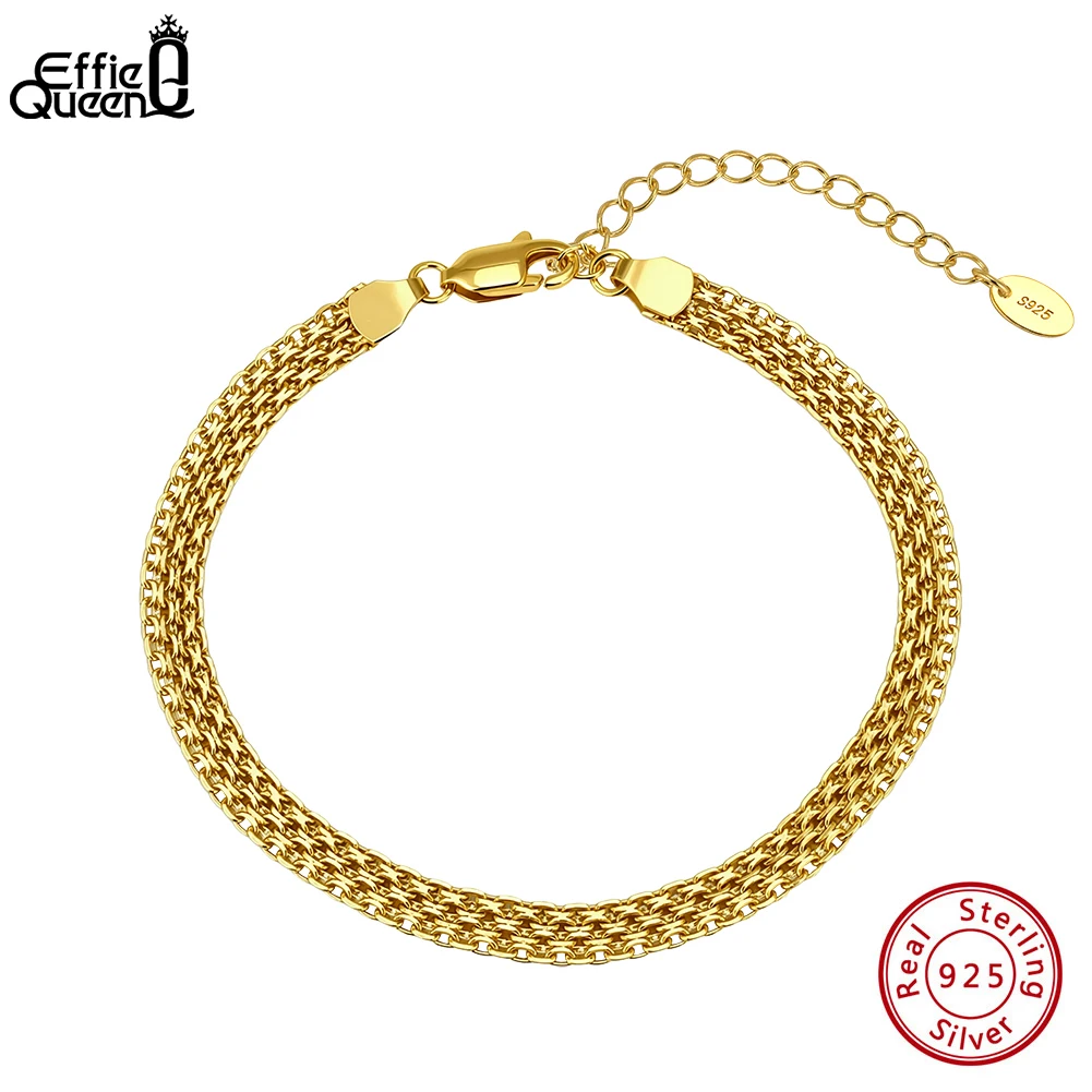 

EFFIE QUEEN 100% 925 Sterling Silver 14k Gold 4mm Tank Chain Bracelet Fashionable Jewelry for Women, Men's Bracelet Gift GAB05