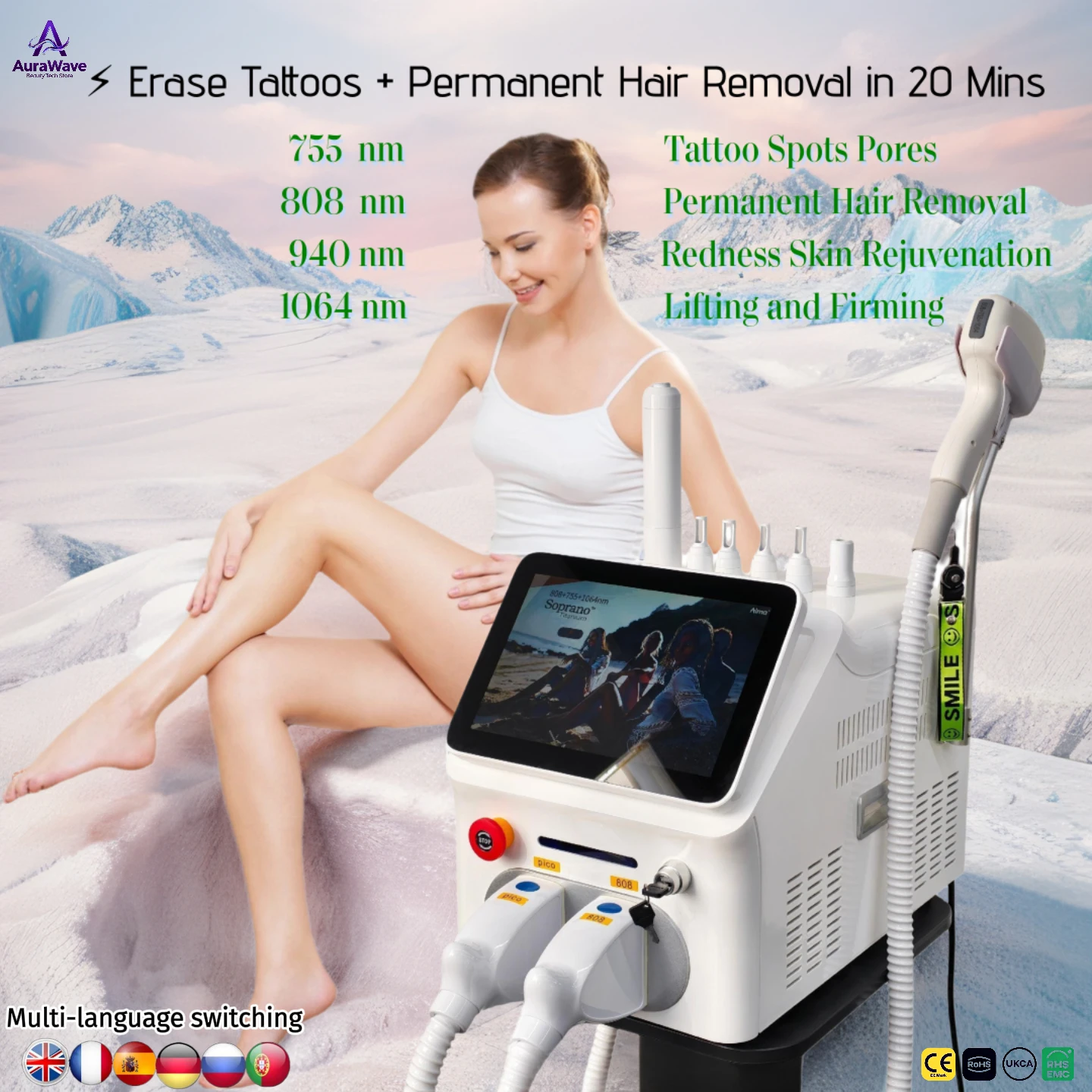 

At Home Pico Laser Hair Removal Machine 4 Wavelengths 755 808 940 1064nm with Dual Cooling System for Underarm Bikini Face Legs