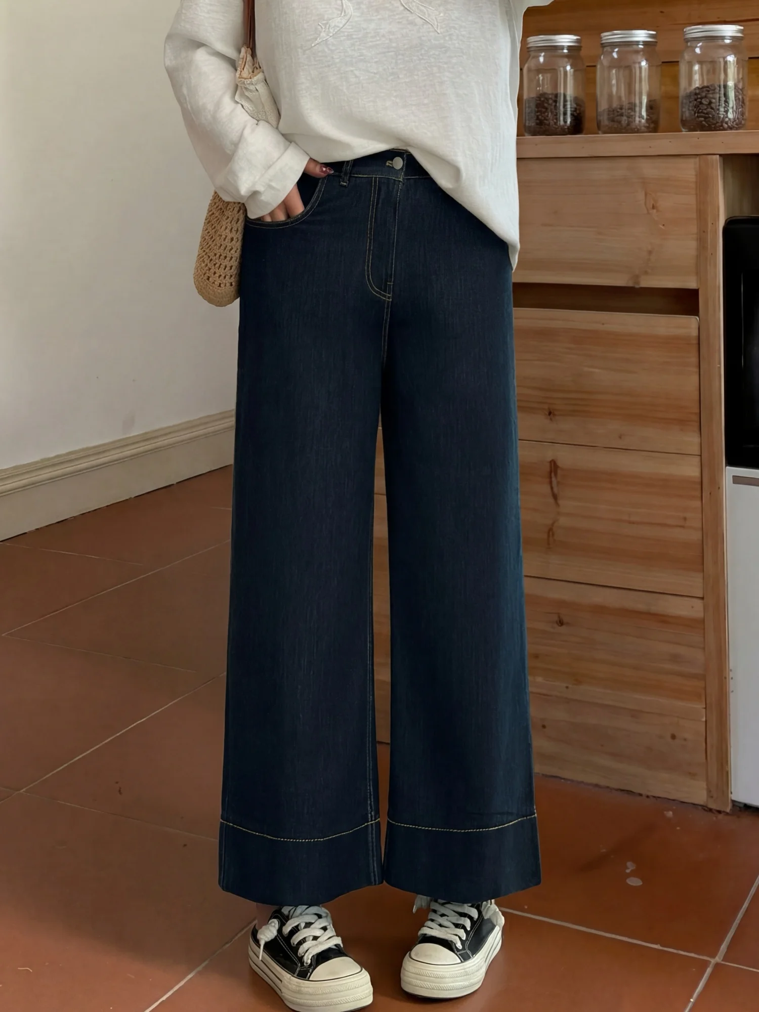 

plus Size Women's Loose Fit Denim Pants High Waist Straight Leg Spring Commute Style Thick Sister Fat MM Casual Trousers