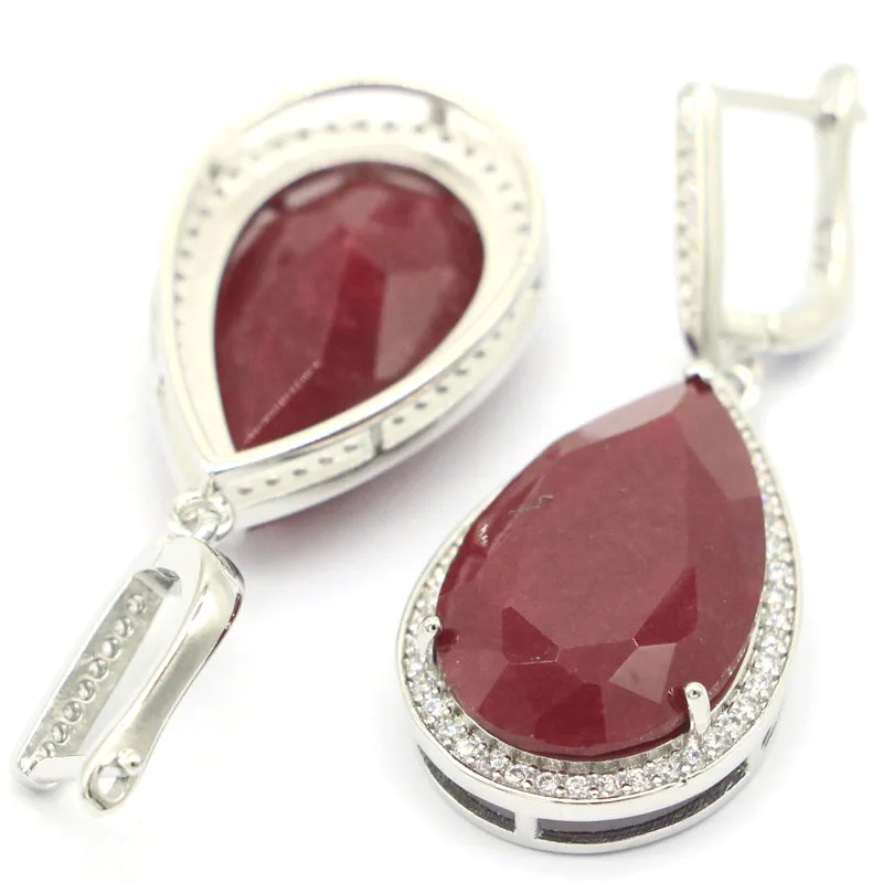 42x18mm Prevent Allergy Big Gemstone Real Blue Sapphire Red Ruby CZ Women Dating Silver Earrings