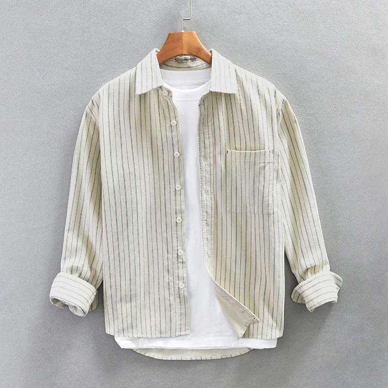 

Весна-Осень Мужская рубашка с длинным рукавом Повседневные повседневные рубашки 100% хлопок Верх с лацканами Свободная вельветовая рубашка в полоску Корейская винтажная одежда