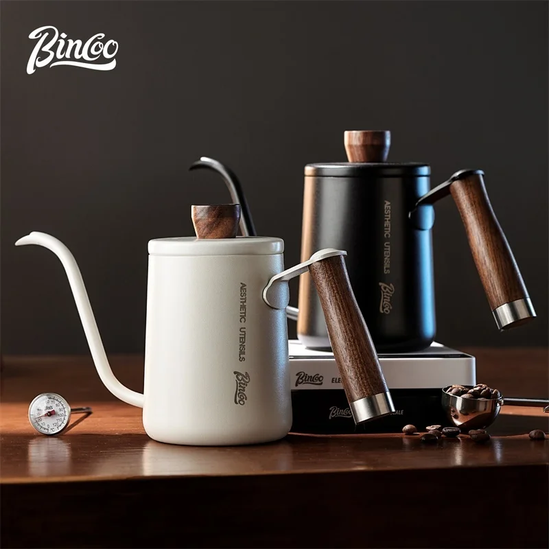 

Чайник для кофе и чая Bincoo, из нержавеющей стали, с изогнутым носиком (гусиная шея), с деревянной ручкой, для дома и офиса, 350/600 мл