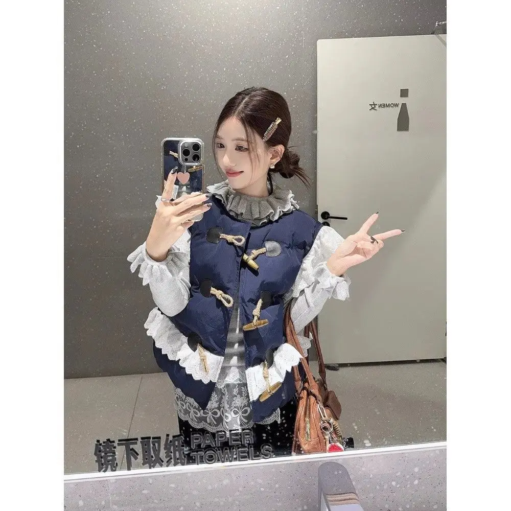 

Autumn and Winter Lace Splicing Horn Single-breasted Cotton Jacket Vest