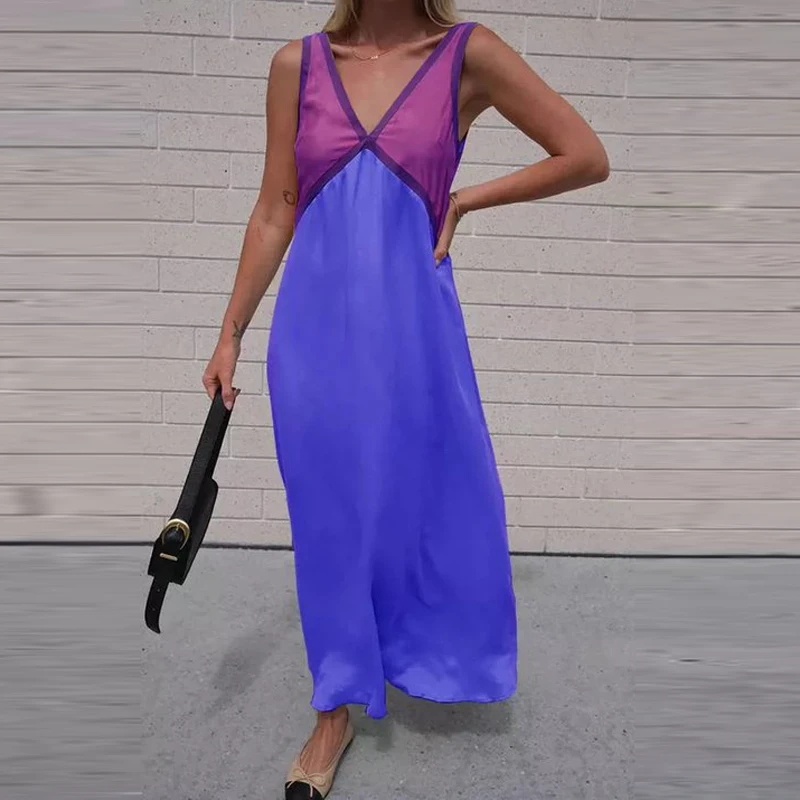 

Платье женское средней длины с V-образным вырезом, пикантное Модное Элегантное повседневное в стиле пэчворк, контрастных цветов, без рукавов, весна-лето 2024