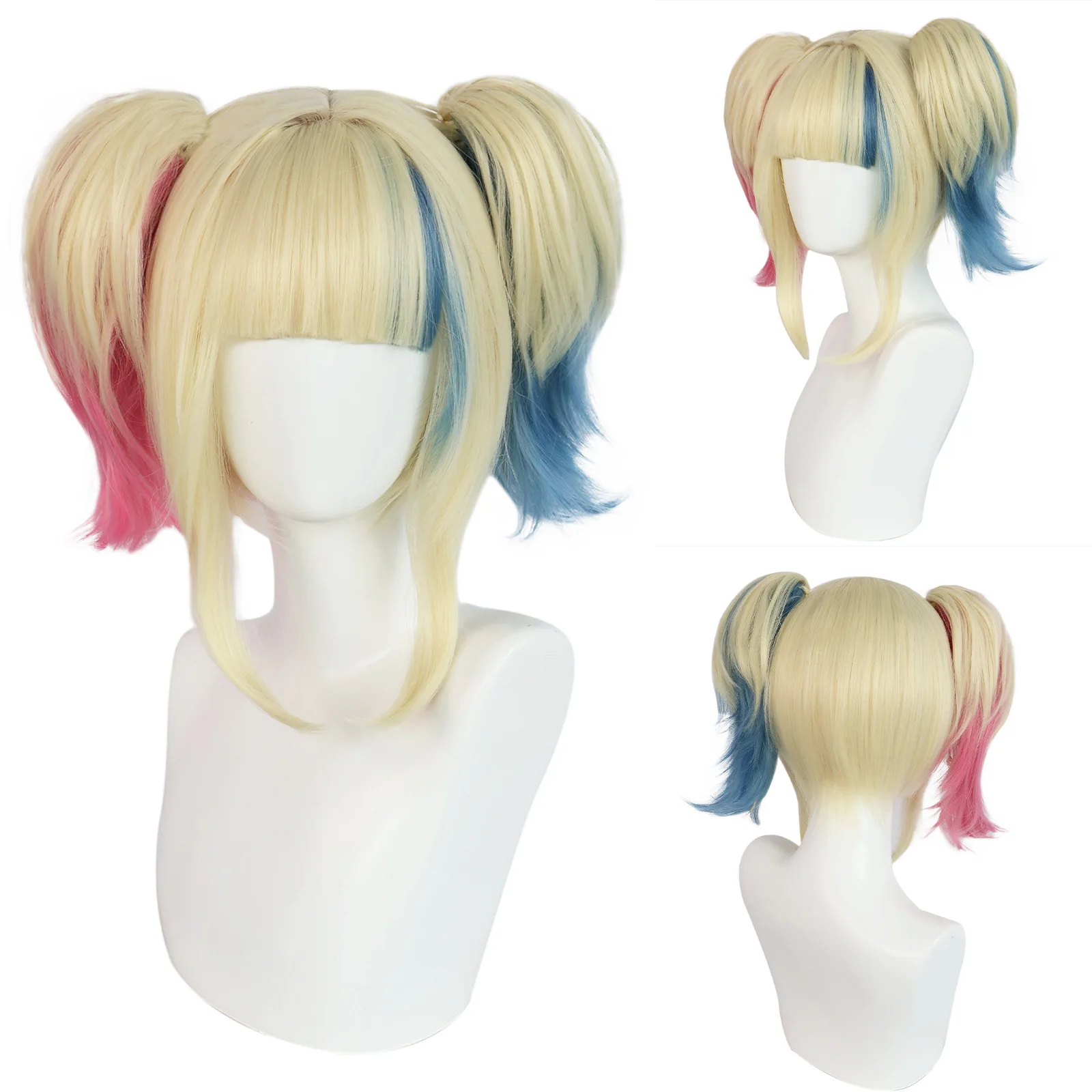 

Женский короткий парик для косплея в стиле аниме Харли с розовым синим париком с двойными хвостиками