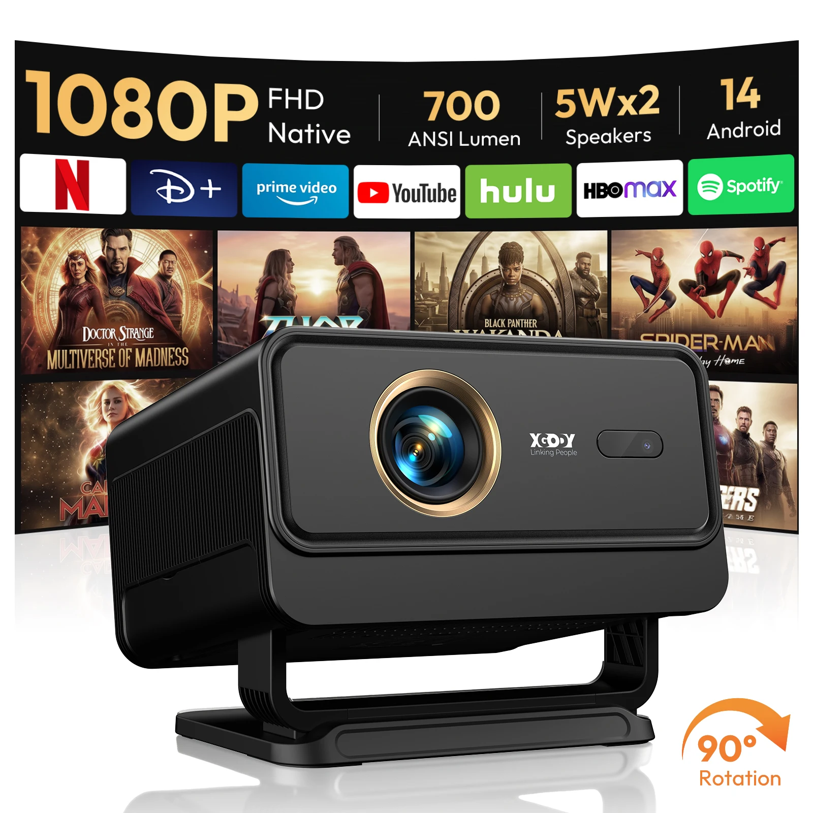 XGODY Smart Projector, 700 ANSI Native 1080P 8K Support, Android 14 WiFi 6 BT 5.4, Auto Focus Auto Keystone Portable Home Theater Movie Projector with 90° Rotatable Stand Dual 5W Speakers, 40-120 inch