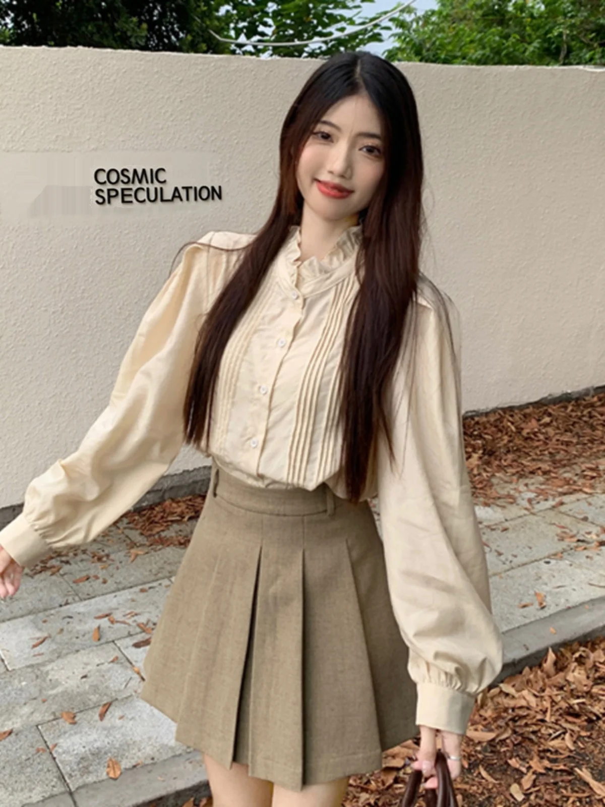 Women's Wood Grain Ruffle Shirt Vest Skirt Three-Piece Set Long Sleeve Fashion Ensemble Spring Autumn Pleated  Skirt - view 2