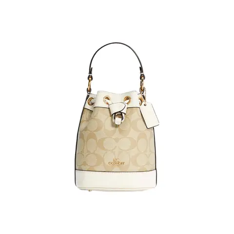 COACH Dempsey bolso tipo cubo de cuero de vaca con retales de lona recubierta, bolso cruzado Mini mujer caqui claro C5121-IMDQC