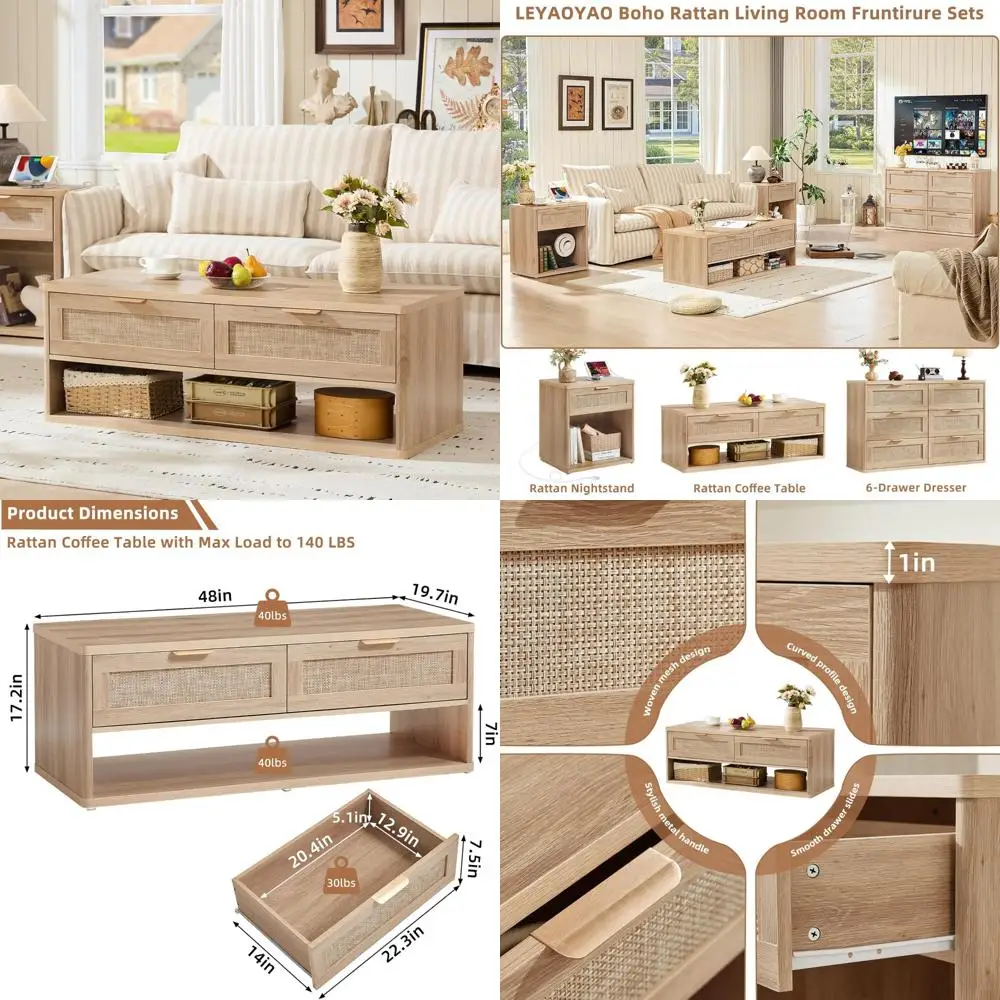 

48-дюймовый журнальный столик из ротанга в стиле фермерского дома в стиле бохо с 2 плетеными ящиками, прямоугольный стол со скрытым хранилищем