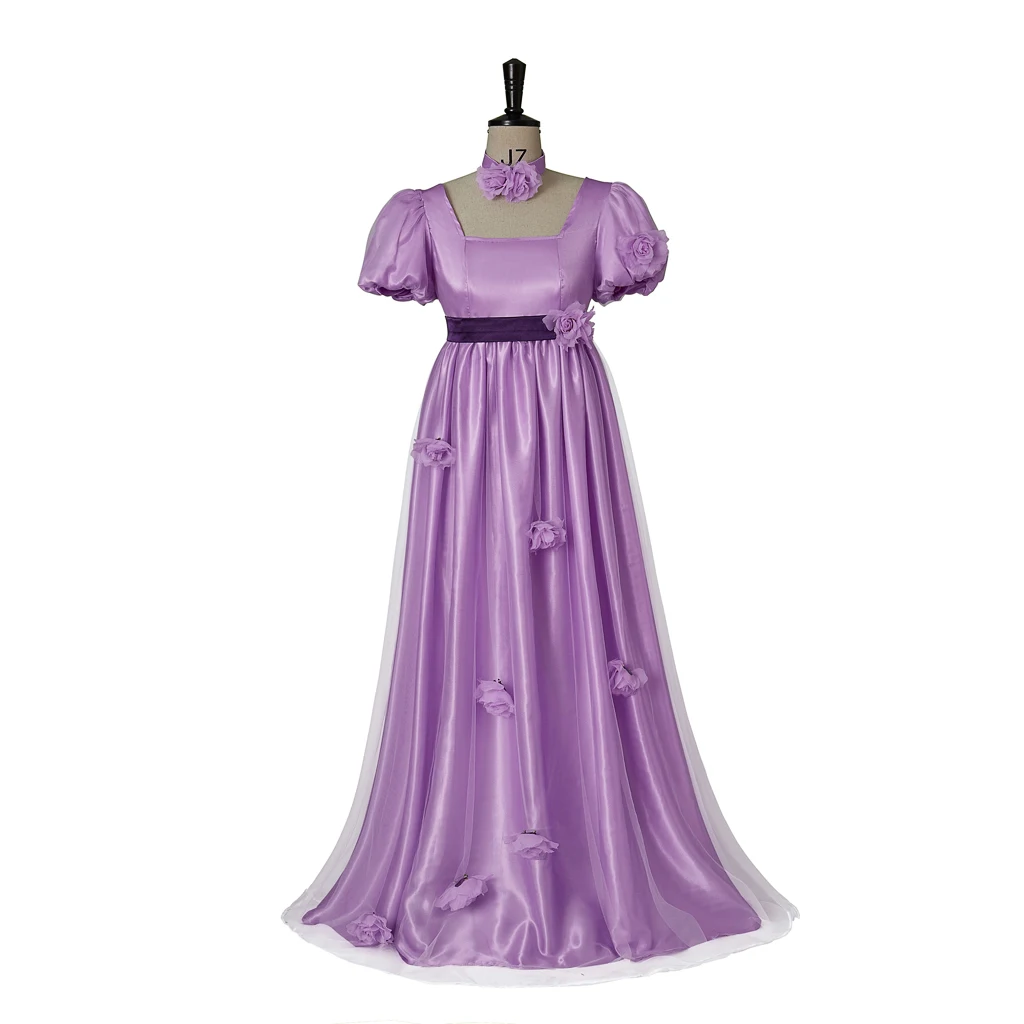 Philipa Featherington Cosplay-Kostüm Jane Austen Vintage Regency Lila Tüllkleid Historisches Halloween-Party-Verkleidungskleid für Maskenbälle
