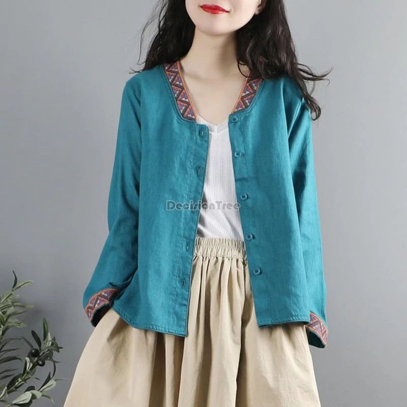 

2024 national style embroidery retro cotton linen blouse fashionable loose versatile outerwear chinese style leisure cardigan