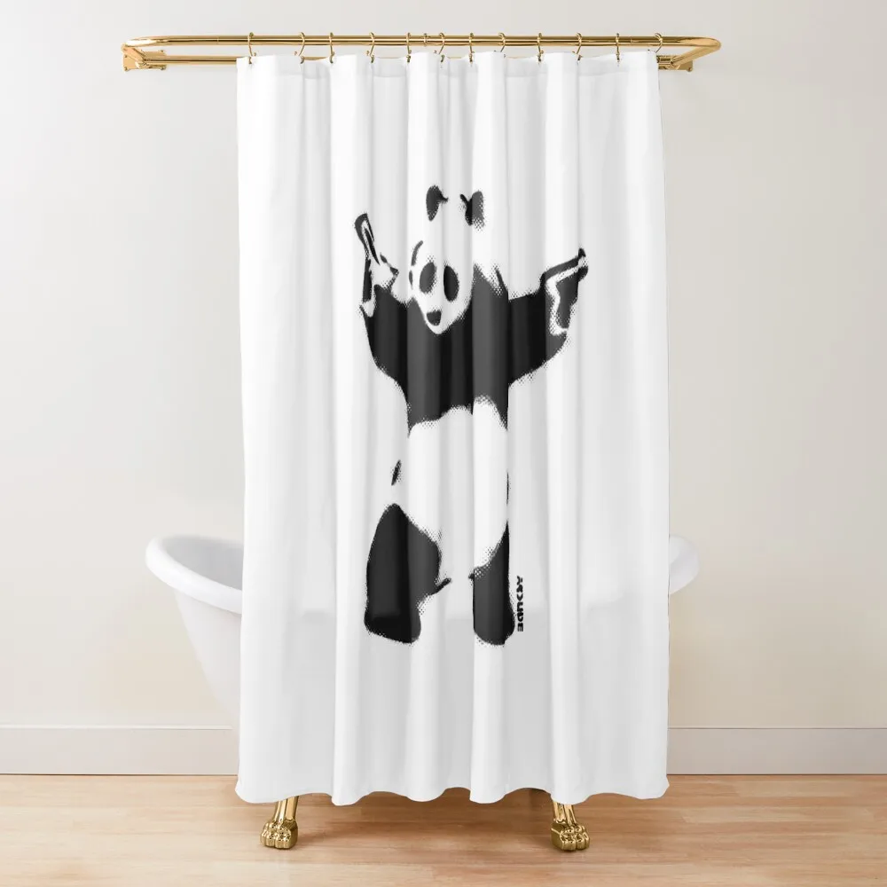 

Banksy Panda with guns black and white Graffiti Street art with Banksy signature tag on white background HD HIGH Shower Curtain
