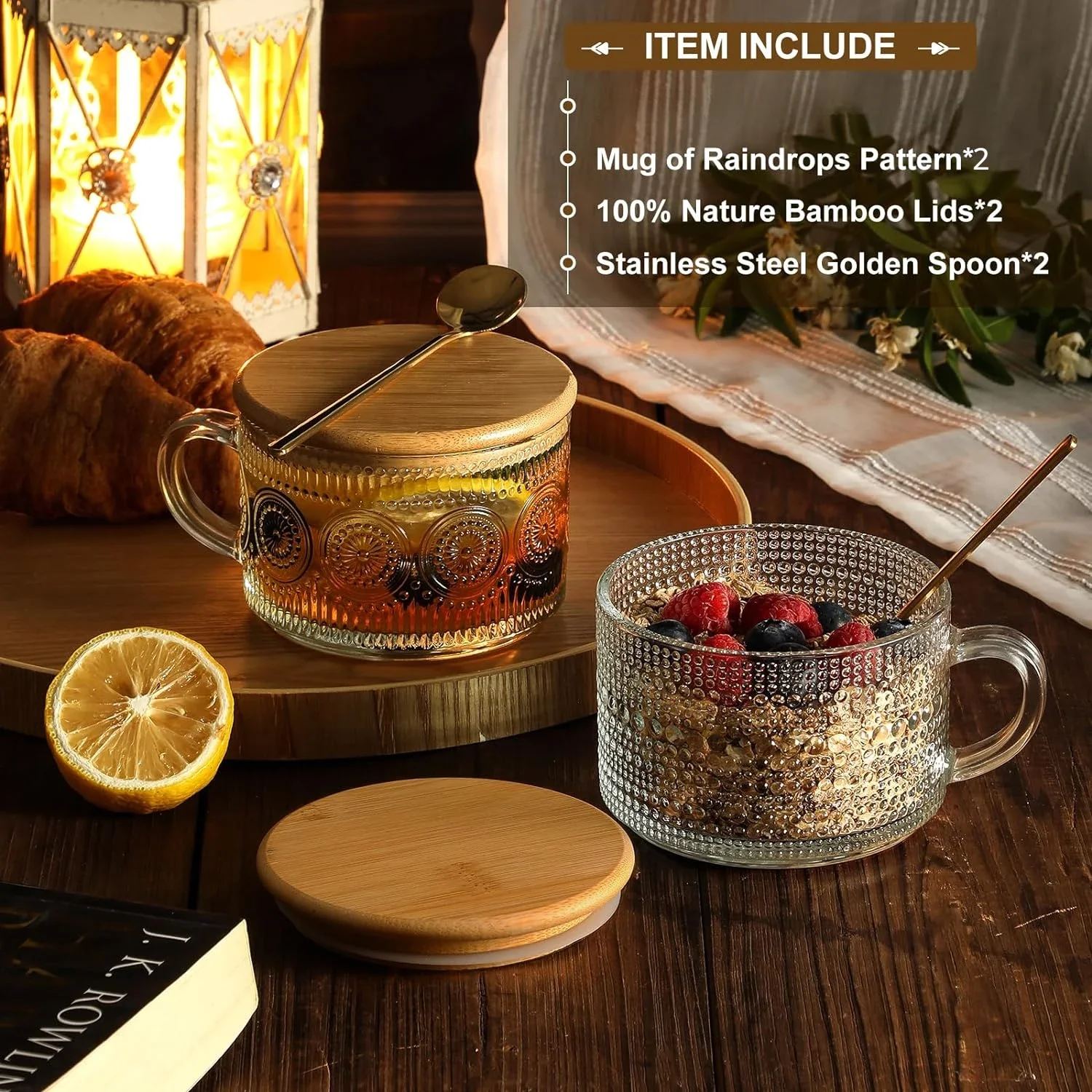 2pcs Vintage Coffee Mugs Gifts for Women Overnight Oats Containers with Bamboo Lids and Spoons 14oz Clear Embossed Glass Cups