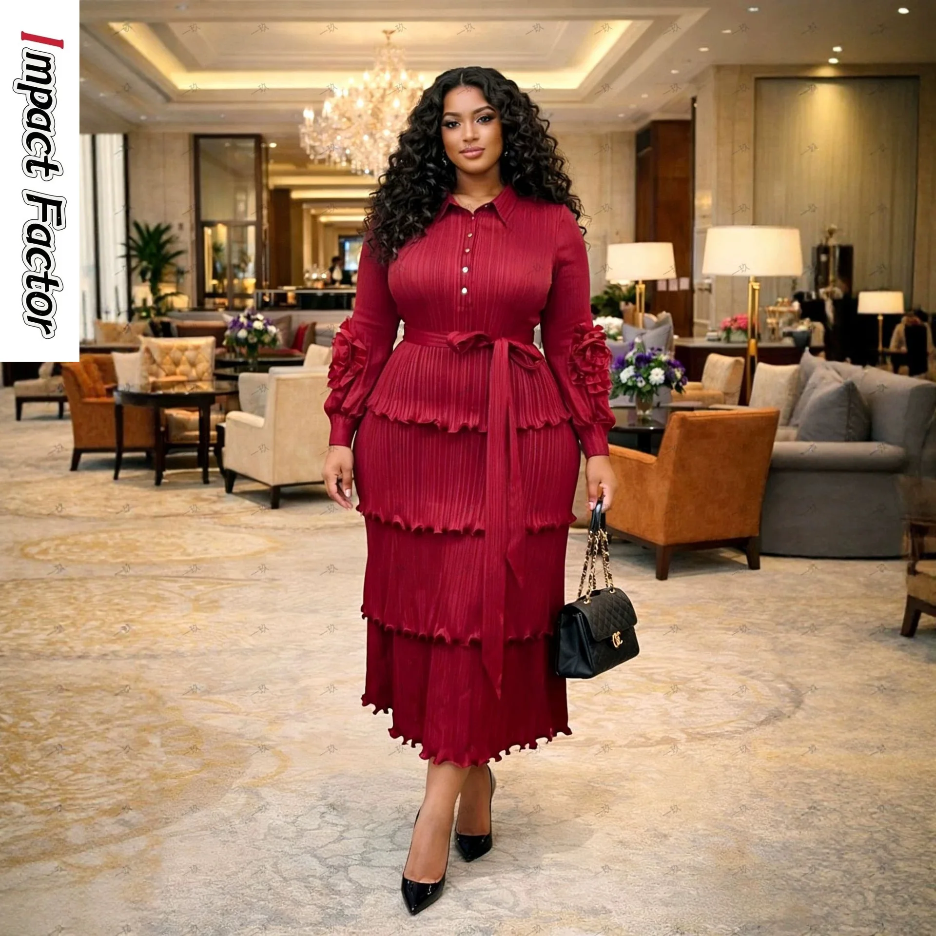 

2026 Miyake Pleated Suit Collar Cardigan Dress Fungus Edge Cake Skirt Lantern Sleeve Loose Women's Clothing