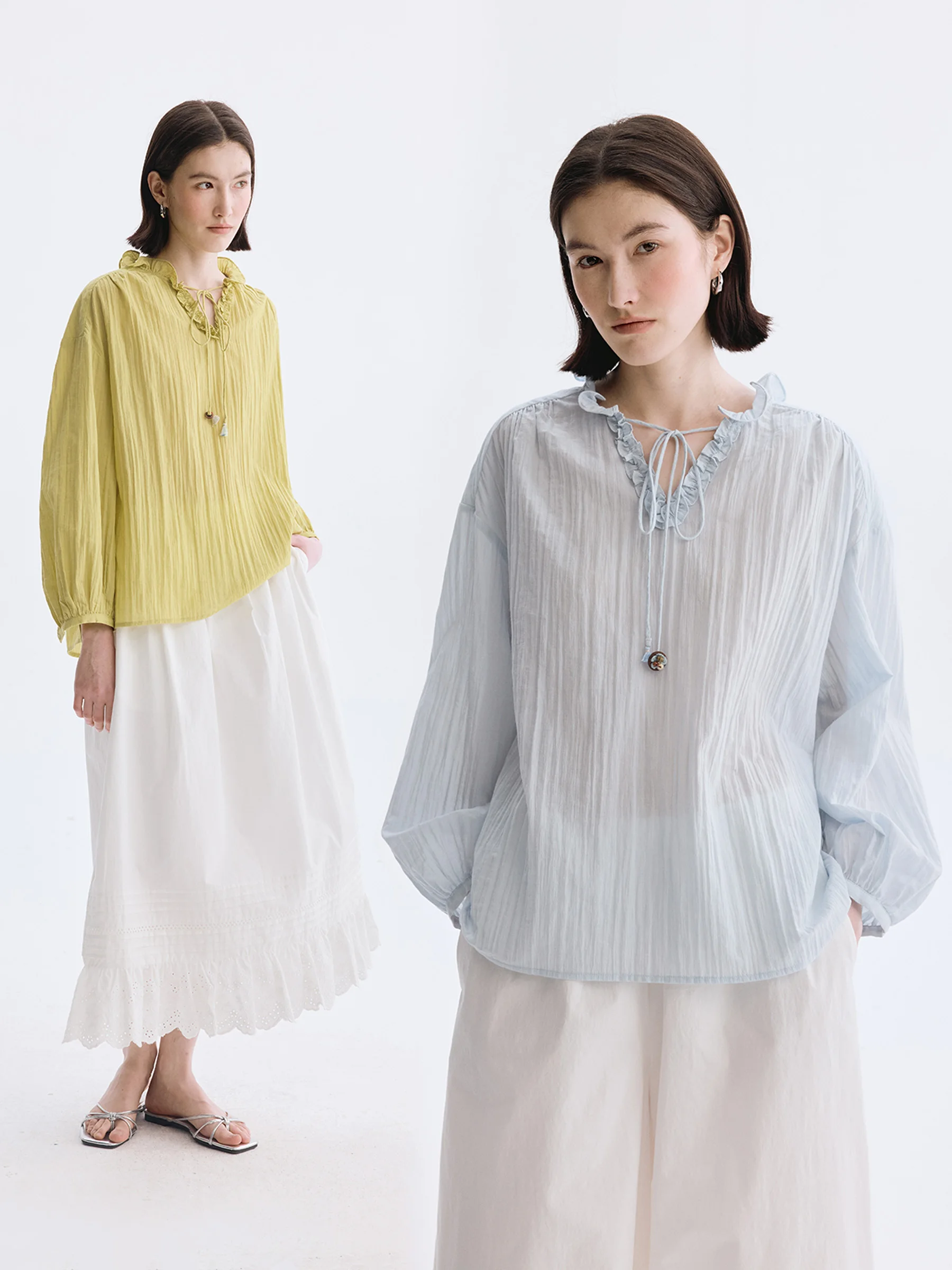 

DotDrobe Women's Long Sleeve Shirt with Tie French Style Loose Fit Cotton Breathable Spring Summer New Arrival