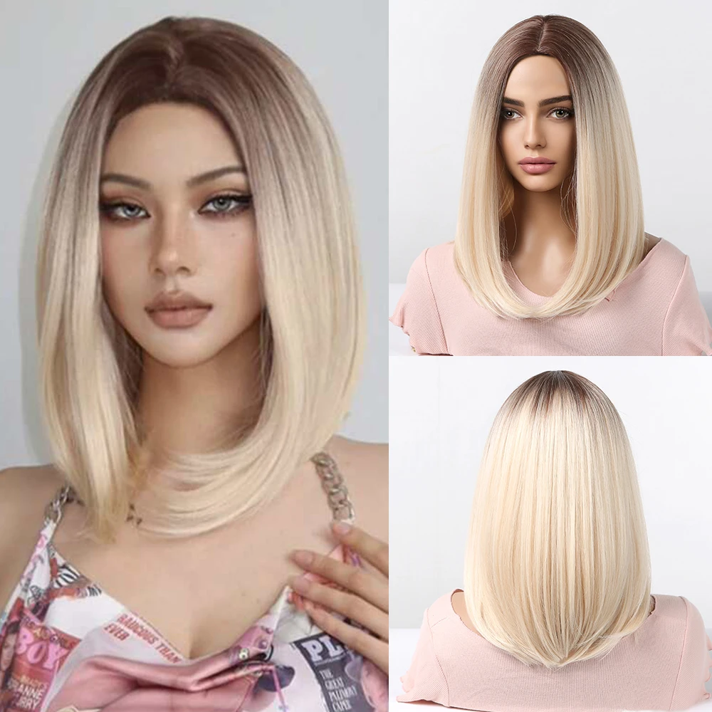 Krótkie peruki syntetyczne proste środkowa część Ombre blond Bob peruki dla kobiet codziennie na imprezę Cosplay naturalne odporne na ciepło