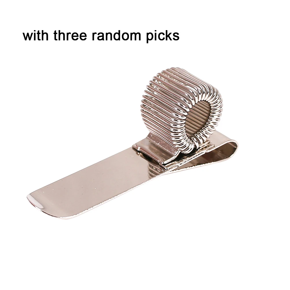 

Brand New Spring Pick Holder With 3x Picks Guitar Lightweight Metal Picks Clip Portable Random Silvery Color Strap