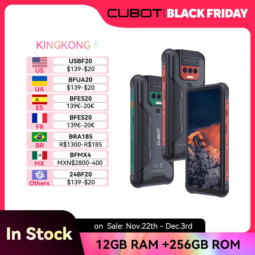 Cubot KingKong 8, Waterproof Rugged Smartphone Android 13, 12GB RAM(6GB+6GB), 256GB ROM, 10600mAh, NFC, Octa-core, 4G Phone, OTG