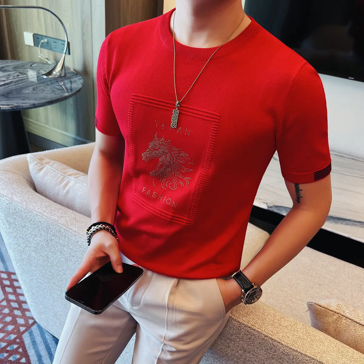 Men's Letter T Shirts Spring Summer New Round Collar Short Sleeve Men Knitted T-Shirt Slim Fit Casual Fashion Tee Shirt Homme