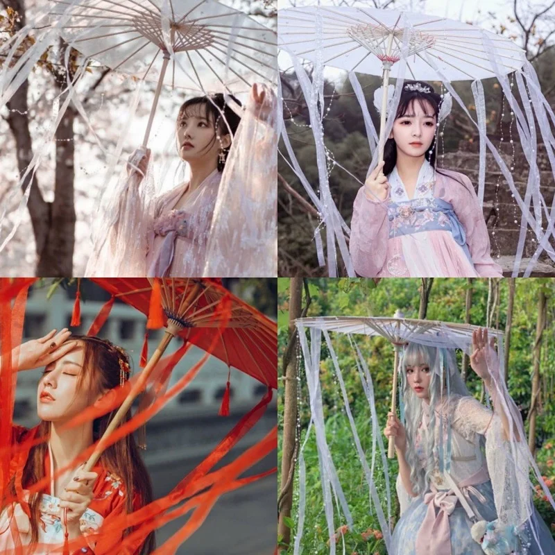 Ancient Wind Decorative Umbrella Windproof Han Costume Tassel Show Fairy Props Net Red Ribbon Dance Parasol Umberlla Sun Shade