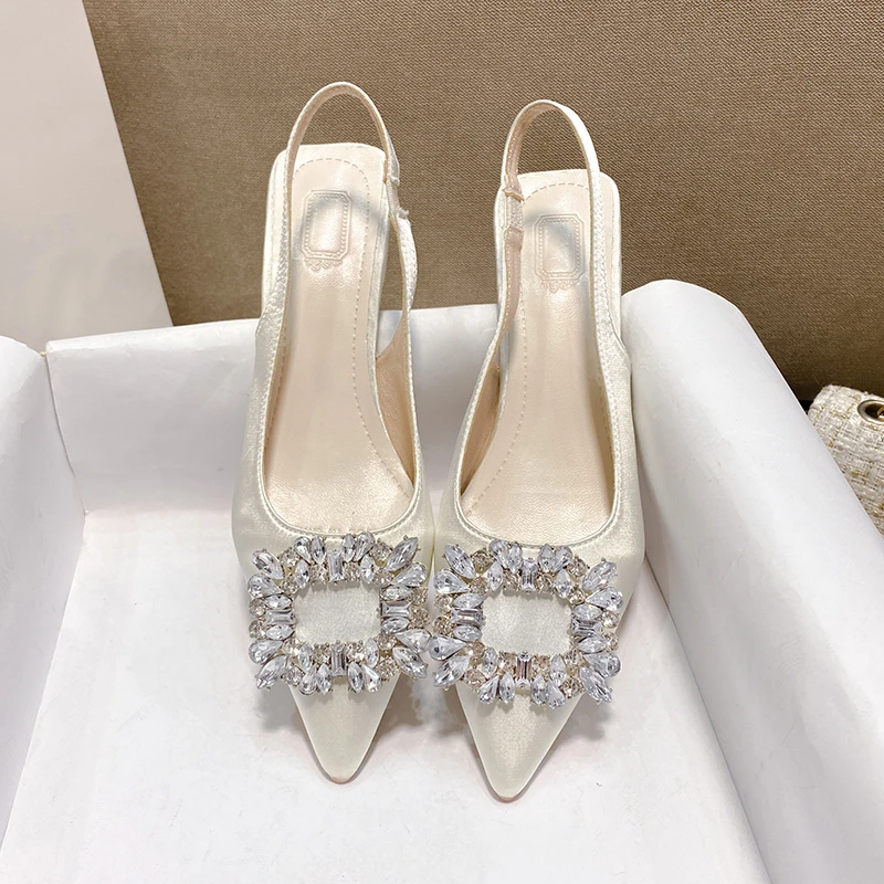 Summer Women Sandals Women's Slingback Pointed Toe Shallow Nude Pink Diamond Shoe Low Heel Back Strappy Shoes Women Dress Shoes