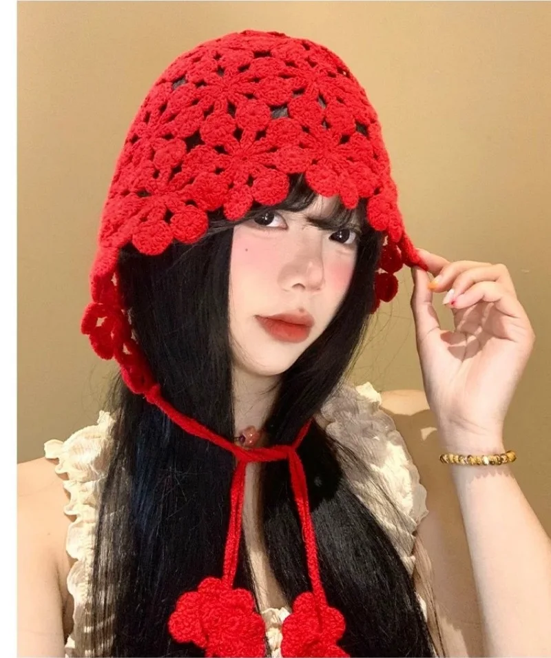 Handmade Crochet Hollow-Out Headgear for Women Japanese Style Floral Tassel Tie-Up Knitted Hat, Versatile Sun Protection
