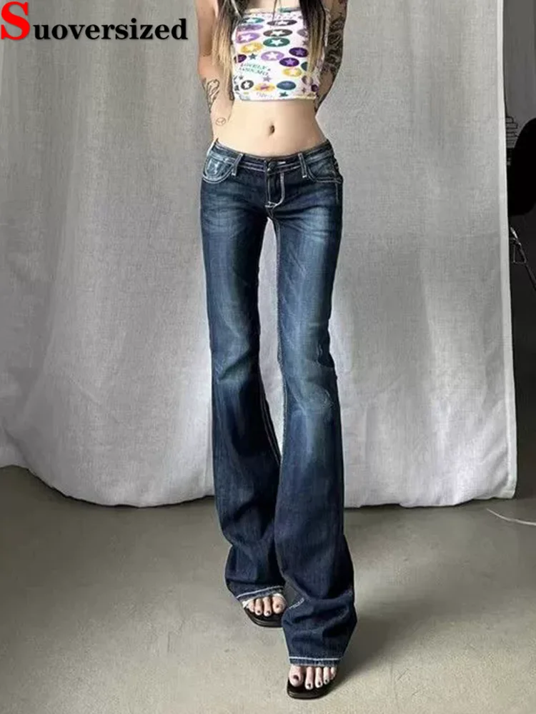 

Low Rise Vintage Streetwear Bootcut Jeans Women's Casual Straight Slim Vaqueros Fashion Retro Washed Wide Leg Denim Pants