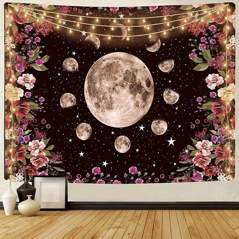 VIKAMA Moon Phase Flower Tapestry Wall Hanging, 6 Assorted Designs, Wall Art Decor for Bedroom Living Room