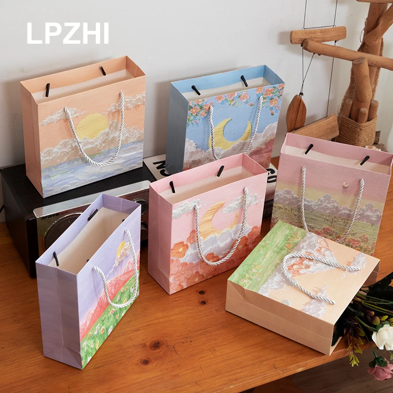 

LPZHI 5Pcs Gift Packaging Bag With Handle Birthday Party Wedding Guest Favors Oil Painting Design Festival Special Decoration