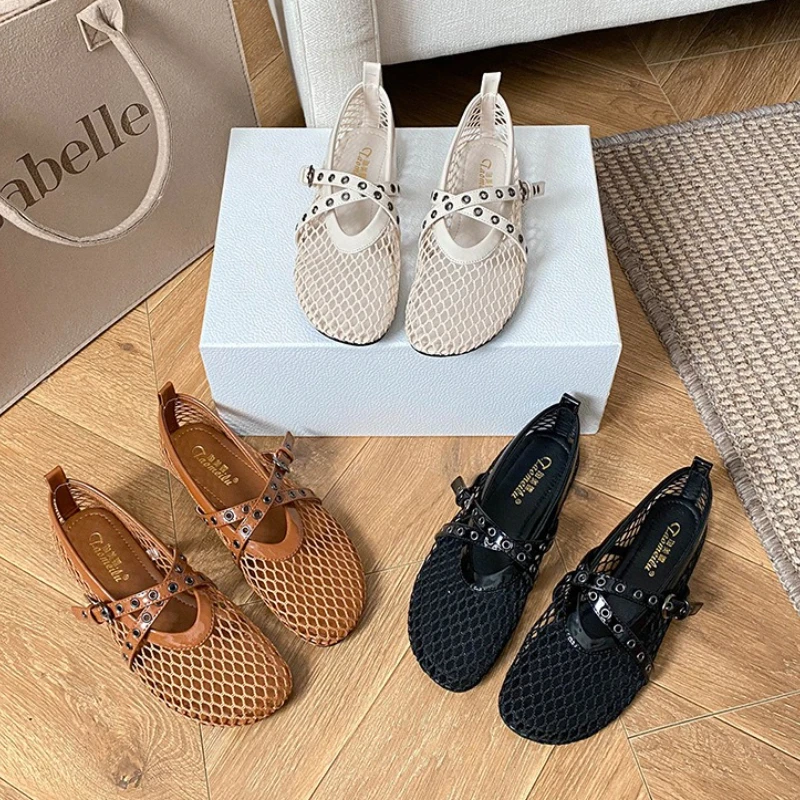 

Джинсы Мэри с открытой сеткой на плоской подошве, женские летние дышащие балетки с перекрестной пряжкой и ремешком, женские элегантные туфли с круглым носком