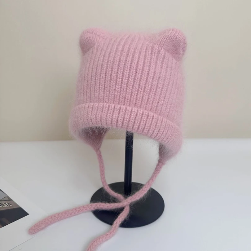 Hat Earflap Women Winter Angora Knit Beanie Design Warm Accessory For Cold Weather Autumn Outdoor Skiing Holiday