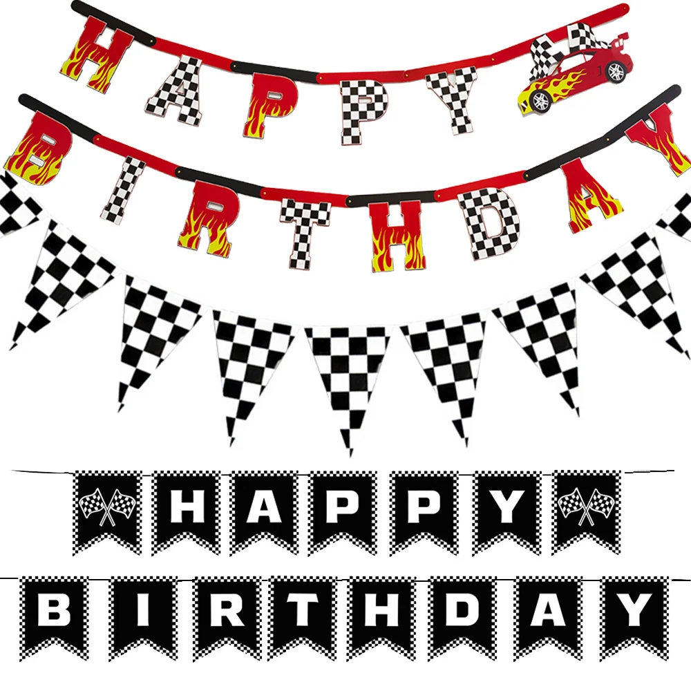 Pancarta de Feliz Cumpleaños con Diseño de Auto de Carreras, Letrero para Fiesta Temática de Carreras, Decoración con Bandera a Cuadros Blanca y Negra, Artículos para Fiesta de Autos de Carreras para Niños