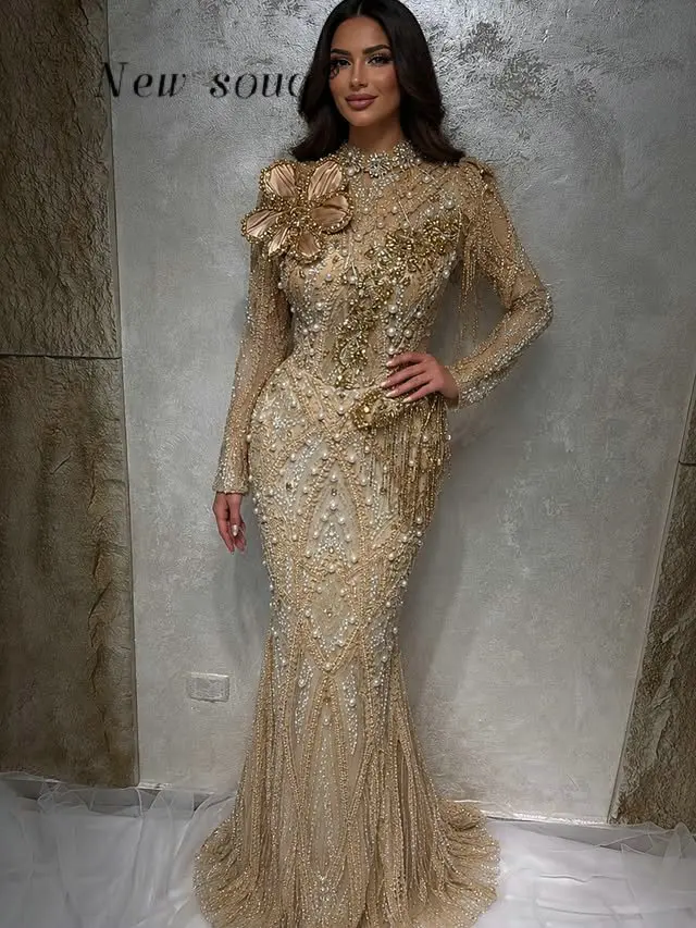 

Glitter Champagne Gold Long Mermaid Prom Dresses Customized Full Sleeved Formal Wedding Events Gala Evening Party Gowns Arabic