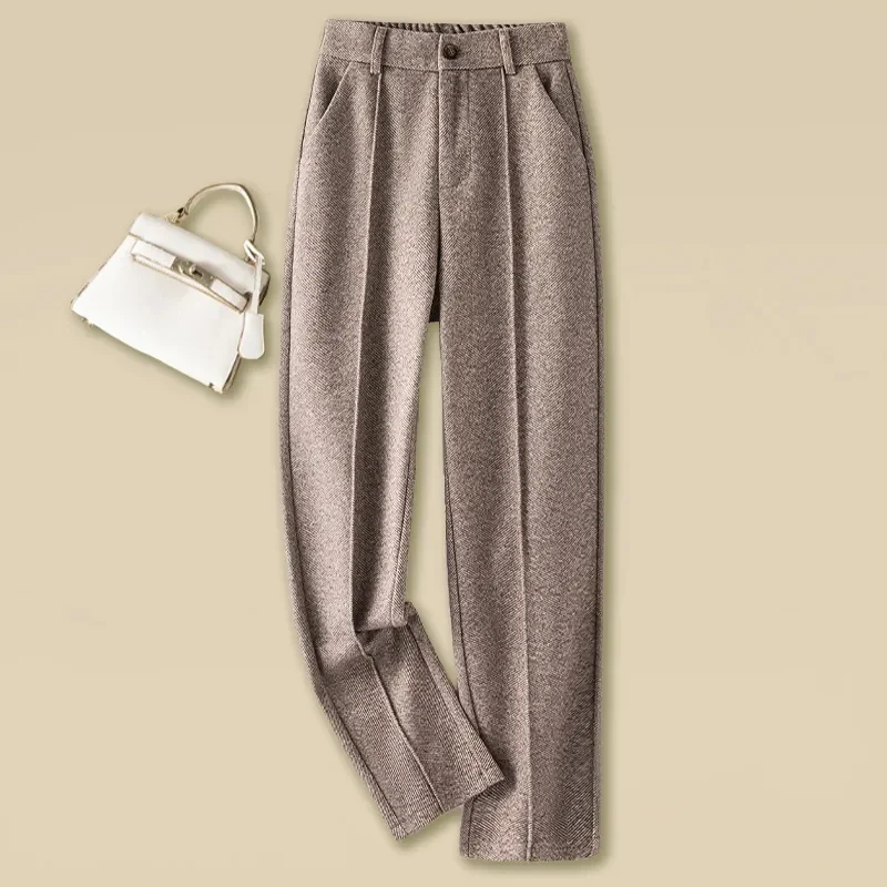 Women's Herringbone Woolen Trousers Autumn Winter Fleece Thicken Straight Harem Pants Suit Pants Female Warm Casual Pants 2025