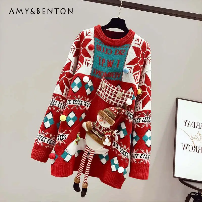 

Новый осенне-зимний женский новогодний красно-белый рождественский свитер со снеговиком и принтом, свободный повседневный свитер с круглым вырезом и длинными рукавами