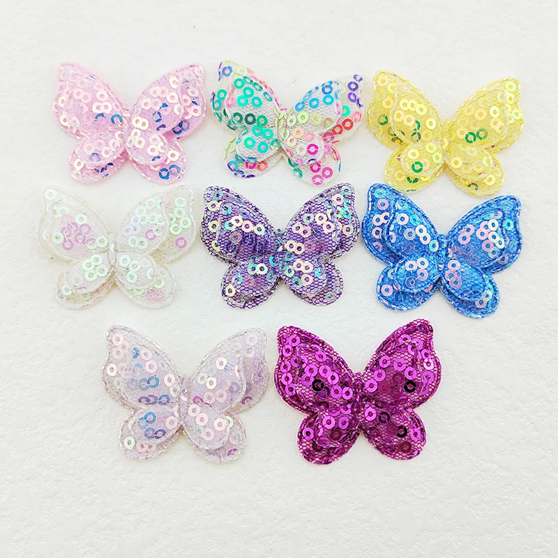 32 Stück, 4 x 3,5 cm, doppellagige Schmetterlingsapplikationen mit Pailletten, zum Aufnähen auf Babysocken, -mützen, für DIY-Kopfbedeckungen und als Accessoires. – Detail 1