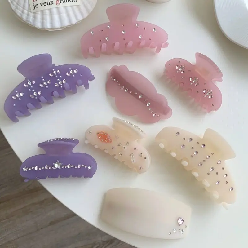 Elegant French Style Matte Purple Pink Acetate Hair Claw Clip for Women Large Rhinestone Shark Clips Barrettes Hair Accessories