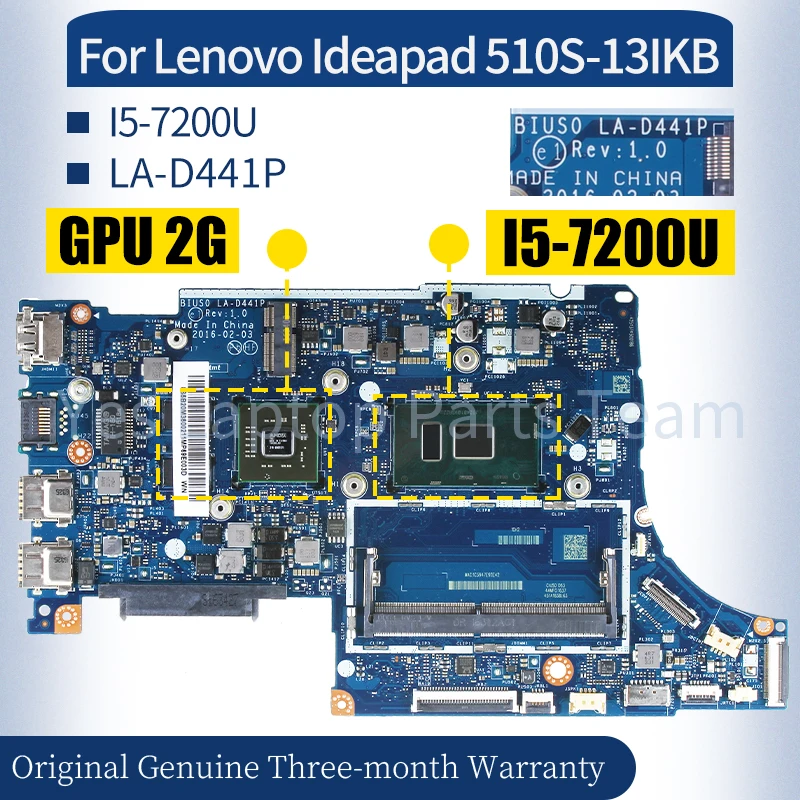 LA-D441P For Lenovo Ideapad 510S-13IKB Laptop Mainboard 5B20M360025B20M3600611 5B20M3601111 I5-7200U GPU 2G Notebook Motherboard