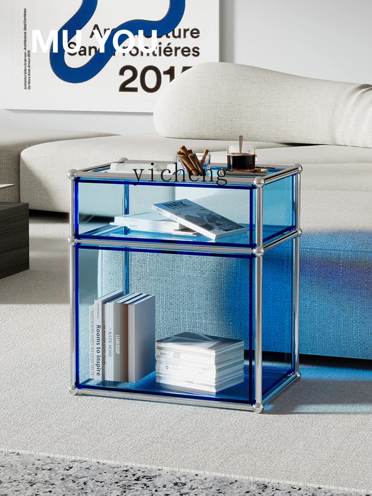 ZF Stainless Steel Mid-Ancient Bedside Table Acrylic Sofa Side Shelf Decorative Storage Cabinet