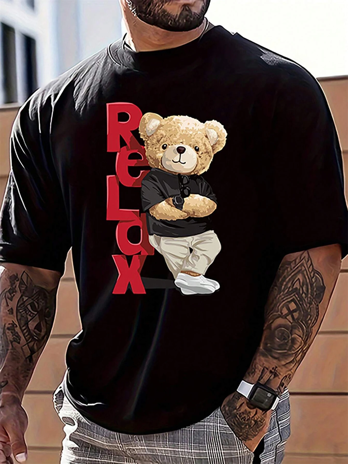 Men's Summer 100% Cotton Fashionable Casual Loose Large Size Letter Bear Printed Sports Round Neck Short Sleeve T-shirt Top image 2
