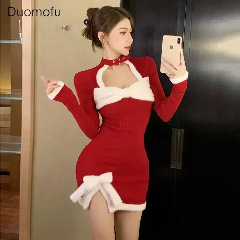 Duomofu Christmas Dresses Winter Women Clothing Traf Sexy Slim Red Three-dimensional Bow Elegant and Pretty Female Party Dress