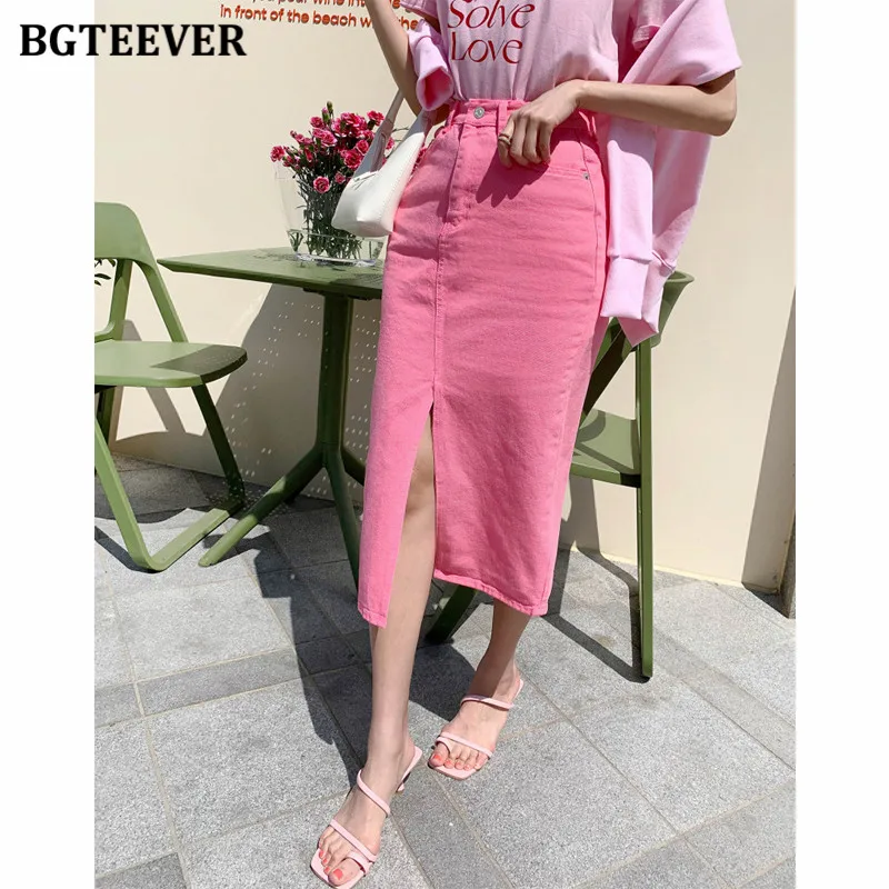BGTEEVER Casual High Waist Pockets Split Denim Skirts Female Spring Summer Button Fashion Package Hip Women Jeans Skirts