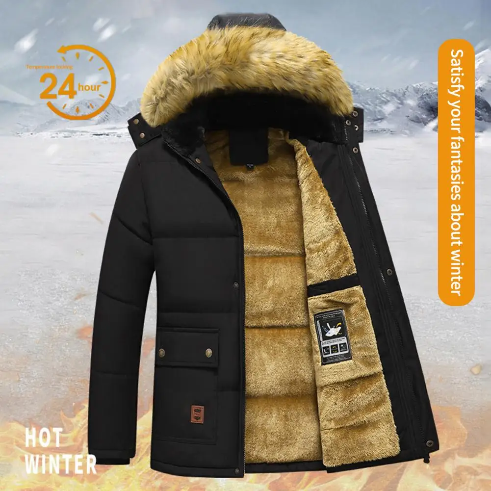 2023 New Men Winter Parka Fleece Lined Thick Warm Hooded Fur Collar Coat Male Size 5XL Plush Jacket Autumn Work Outwearing Black